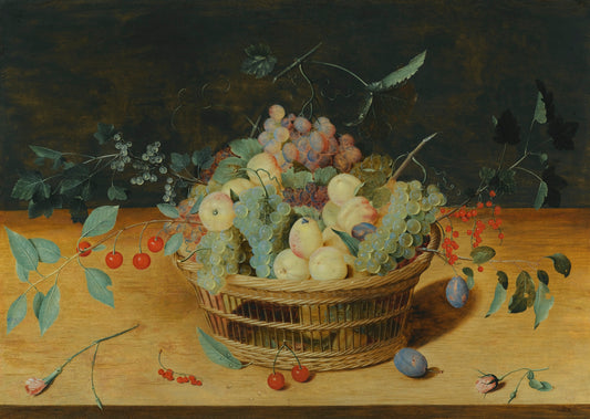Still Life of Fruit in a Basket on a Ledge, vintage artwork by Isaak Soreau, 12x8" (A4) Poster