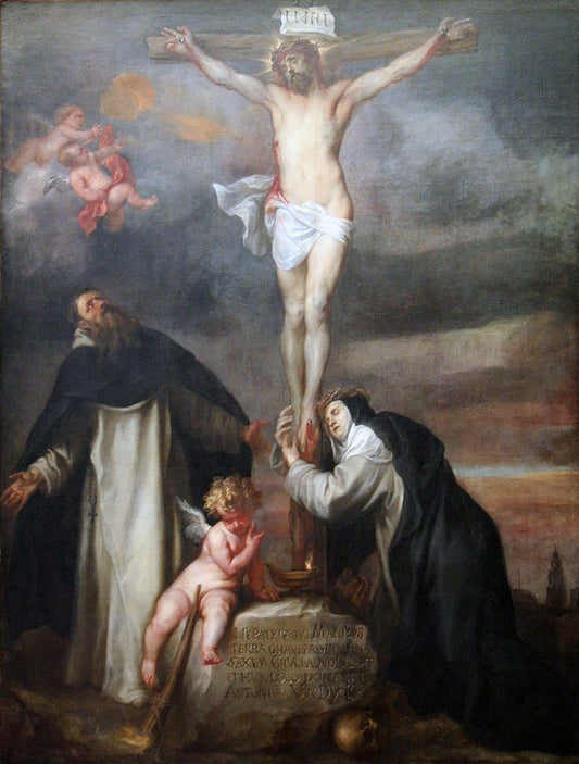 Christ on the Cross with Saint Catherine of Siena, Saint Dominic and an Angel, vintage artwork by Anthony van Dyck, 12x8" (A4) Poster