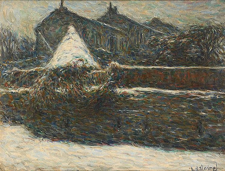 Village in Snow, vintage artwork by Anatole Eugene Hillairet, 12x8" (A4) Poster