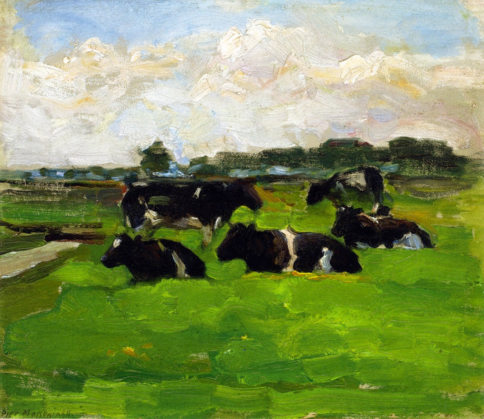 Polder Landscape with Group of Five Cows, vintage artwork by Piet Mondriaan, 12x8