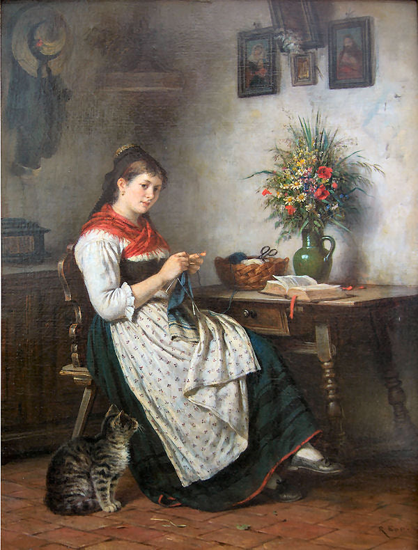 Knitting Girl, vintage artwork by Rudolf Epp, 12x8" (A4) Poster