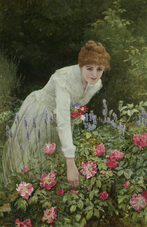 Lady Picking Flowers, vintage artwork by Edward Killingworth Johnson, 12x8" (A4) Poster