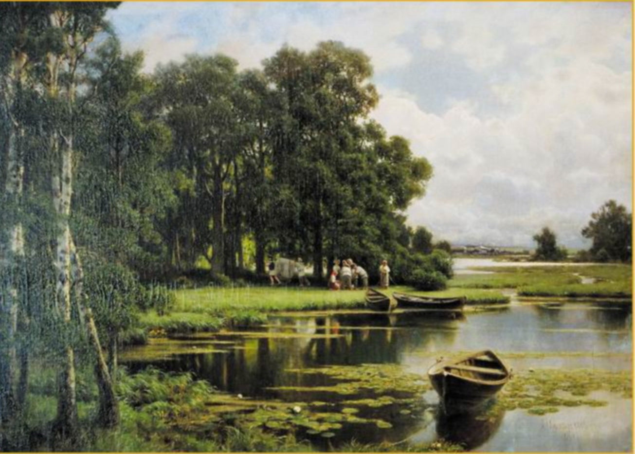 Landscape with boats, vintage artwork by Petr Sukhodolsky, 12x8" (A4) Poster