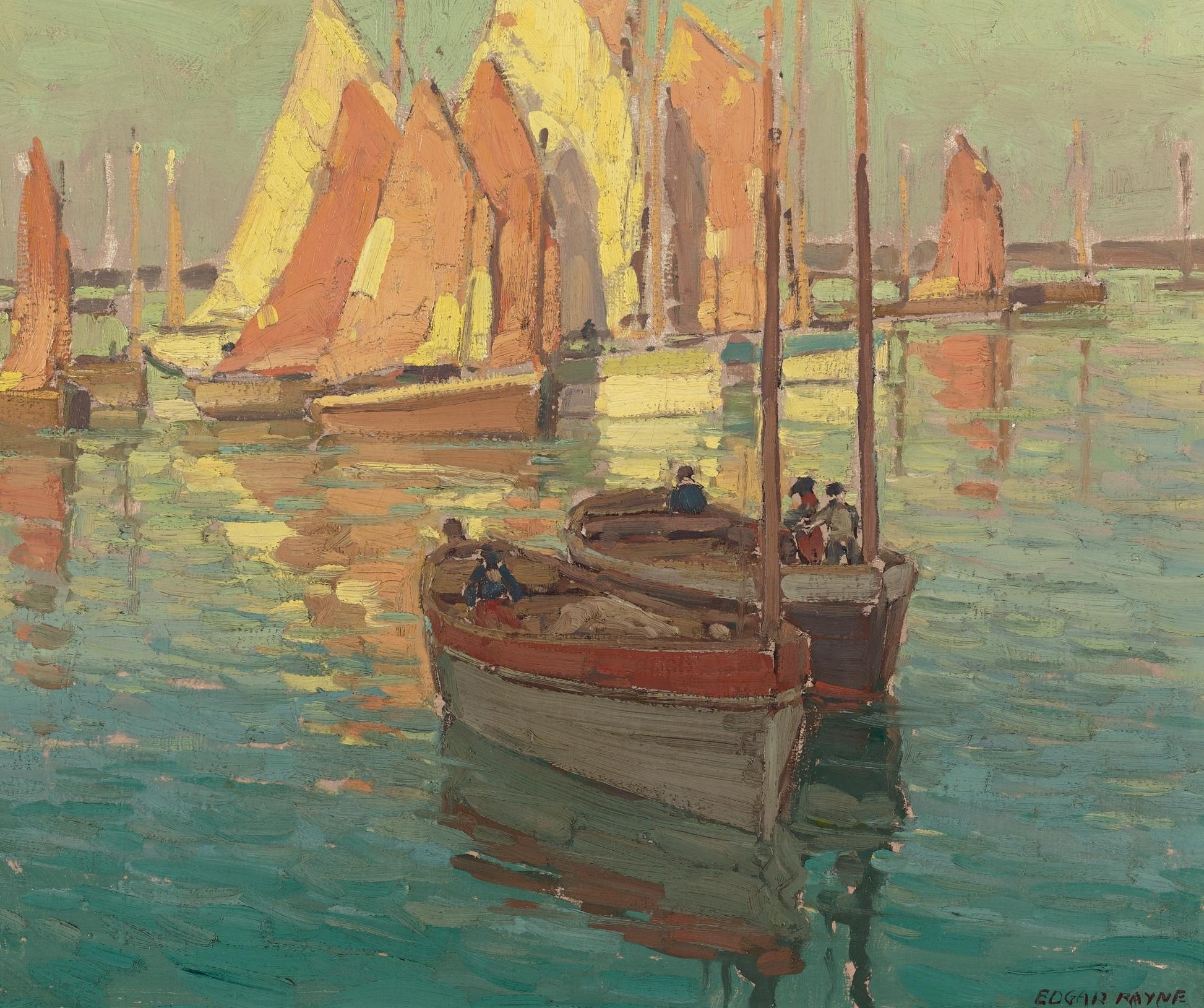 Fishing Boats in a Harbor, vintage artwork by Edgar Alwyn Payne, 12x8" (A4) Poster