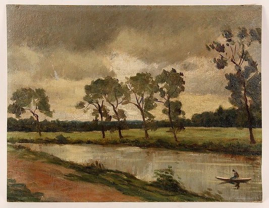 River Scene with Canoeist, vintage artwork by Attributed to Edward Mitchell Bannister, 12x8" (A4) Poster