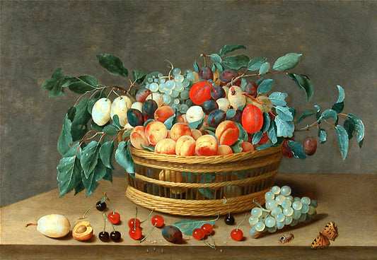 Basket with fruit and plum leaves, vintage artwork by Isaak Soreau, 12x8" (A4) Poster