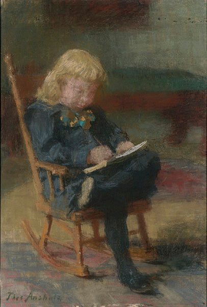 Child Seated in a Rocking Chair, Writing, vintage artwork by Thomas P. Anshutz, 12x8" (A4) Poster