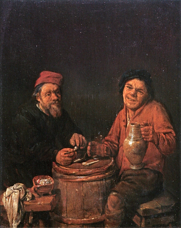 Two Peasants Smoking and Drinking, vintage artwork by Abraham Diepraem, 12x8" (A4) Poster