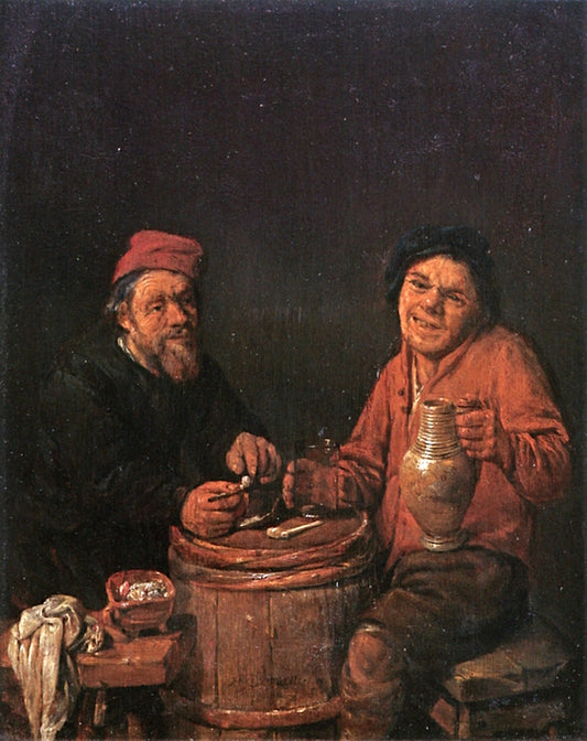 Two Peasants Smoking and Drinking, vintage artwork by Abraham Diepraem, 12x8" (A4) Poster