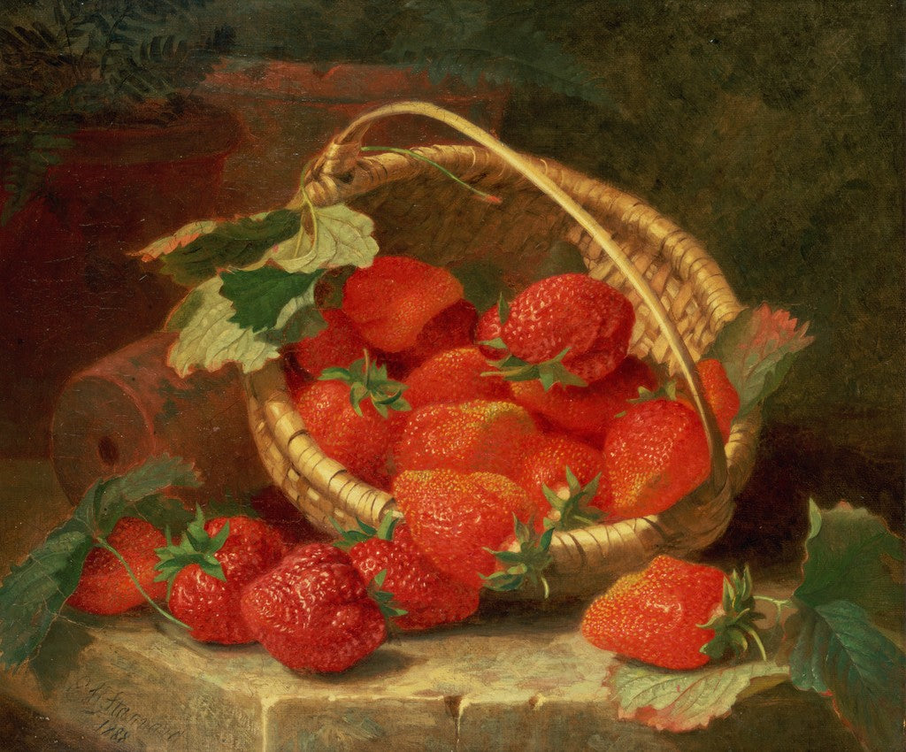A Basket of Strawberries on a stone ledge, vintage artwork by Eloise Harriet Stannard, 12x8" (A4) Poster
