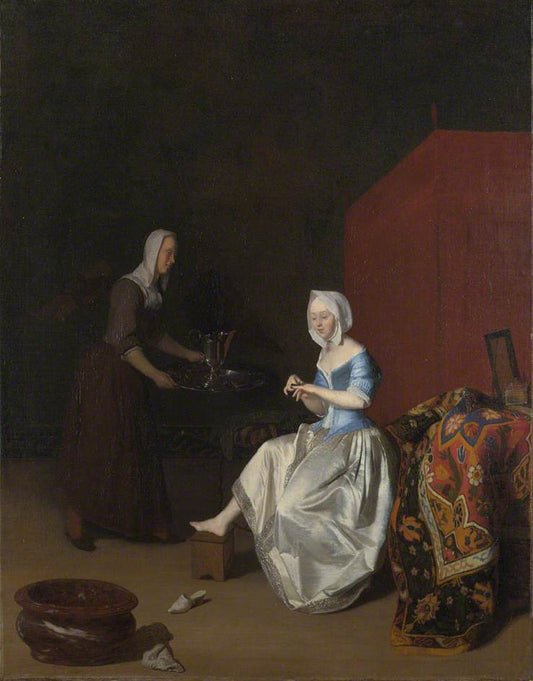 A Young Lady Trimming her Fingernails, attended by  a Maidservant, vintage artwork by Jacob Ochtervelt, 12x8" (A4) Poster