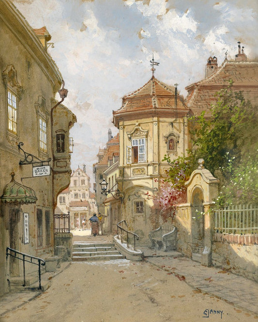 Small Palace Overlooking a Square, vintage artwork by Georg Janny, 12x8" (A4) Poster