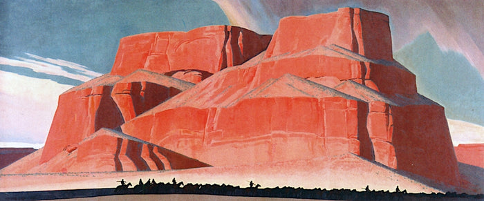 Red Butte with Mountain Men, vintage artwork by Maynard Dixon, 12x8