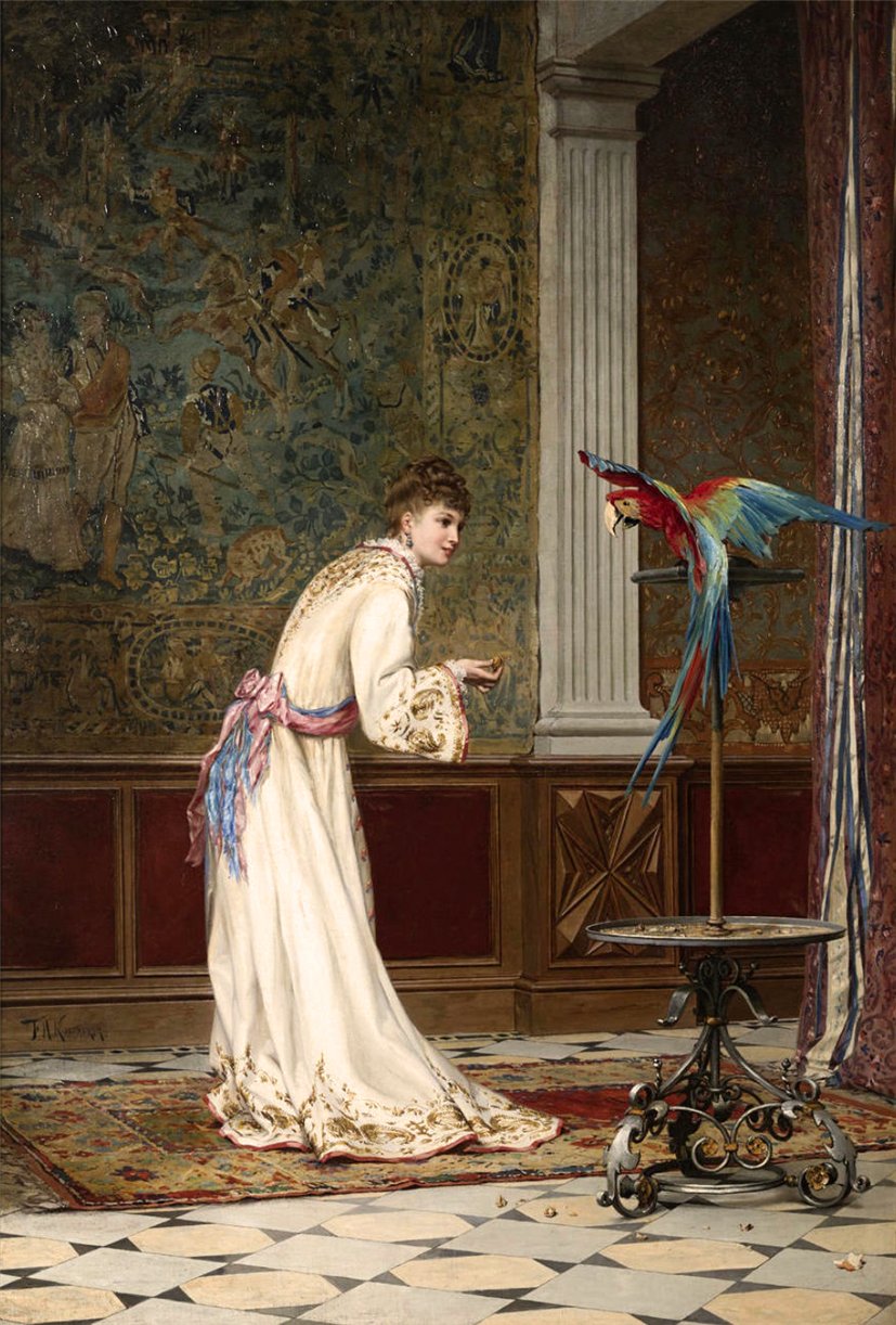 Lady with a Parrot, vintage artwork by Frederik Henrdik Kaemmerer, 12x8" (A4) Poster