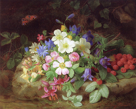 Bouquet of Flowers with Raspberries and a Butterfly, vintage artwork by Josef Lauer, A3 (16x12") Poster Print