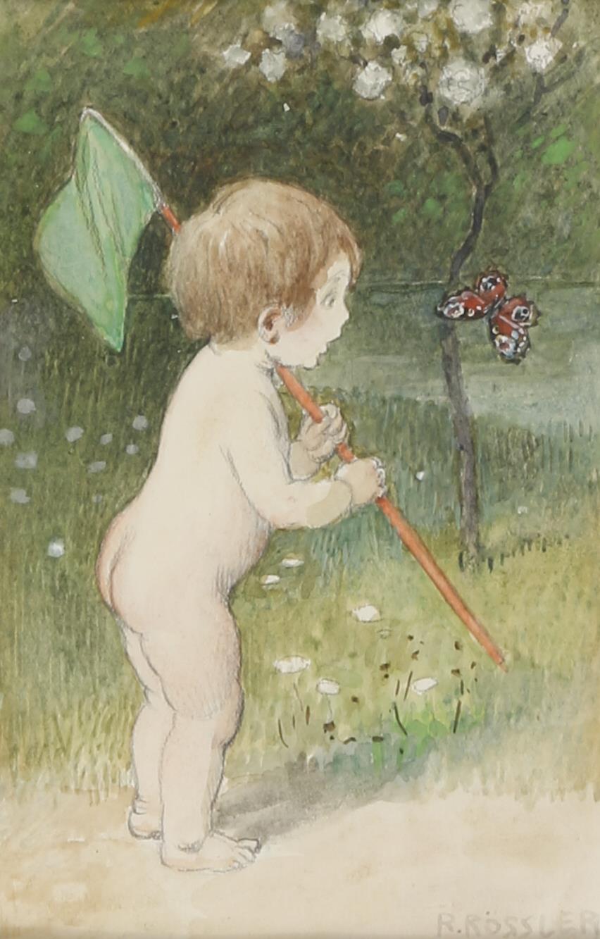Child with Butterfly Catcher, vintage artwork by Rudolf Rössler, 12x8" (A4) Poster