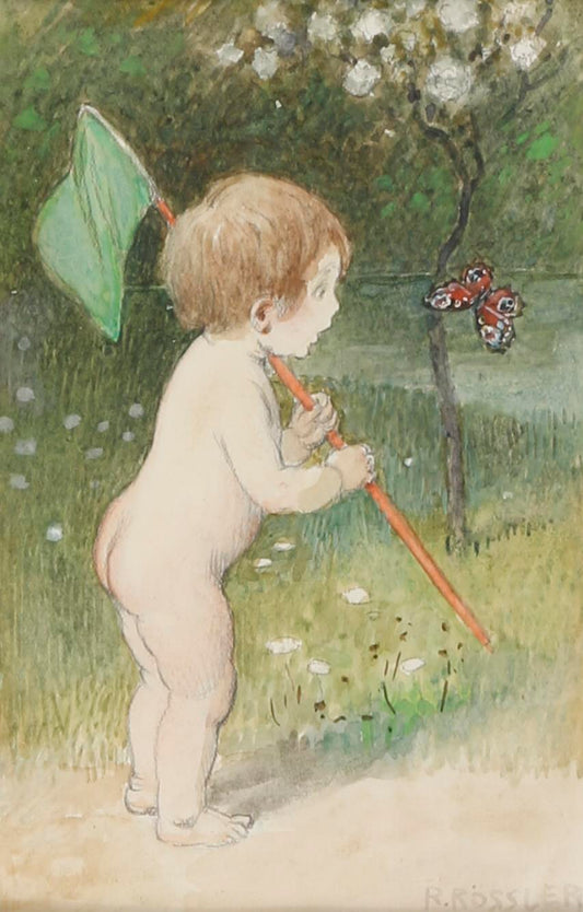 Child with Butterfly Catcher, vintage artwork by Rudolf Rössler, 12x8" (A4) Poster