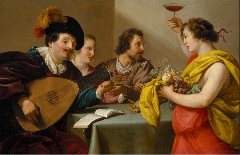 Musical company with Bacchus, vintage artwork by Theodore Rombouts, 12x8" (A4) Poster