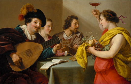 Musical company with Bacchus, vintage artwork by Theodore Rombouts, 12x8" (A4) Poster