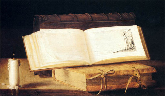 Still Life with Books and a Candle, vintage artwork by Sebastien Stoskopff, 12x8" (A4) Poster