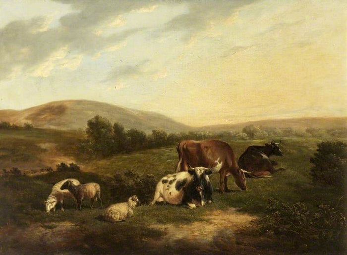 Cattle on the Sussex Downs, vintage artwork by Attributed to Thomas Sidney Cooper, A3 (16x12