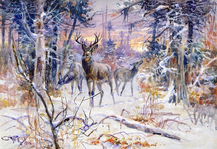 Deer in a Snowy Forest by Charles Marion Russell,A3(16x12