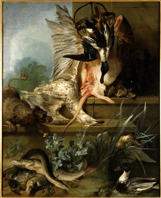 Still Life with a Spaniel Chasing Ducks, vintage artwork by Jean-Baptiste Oudry, 12x8" (A4) Poster
