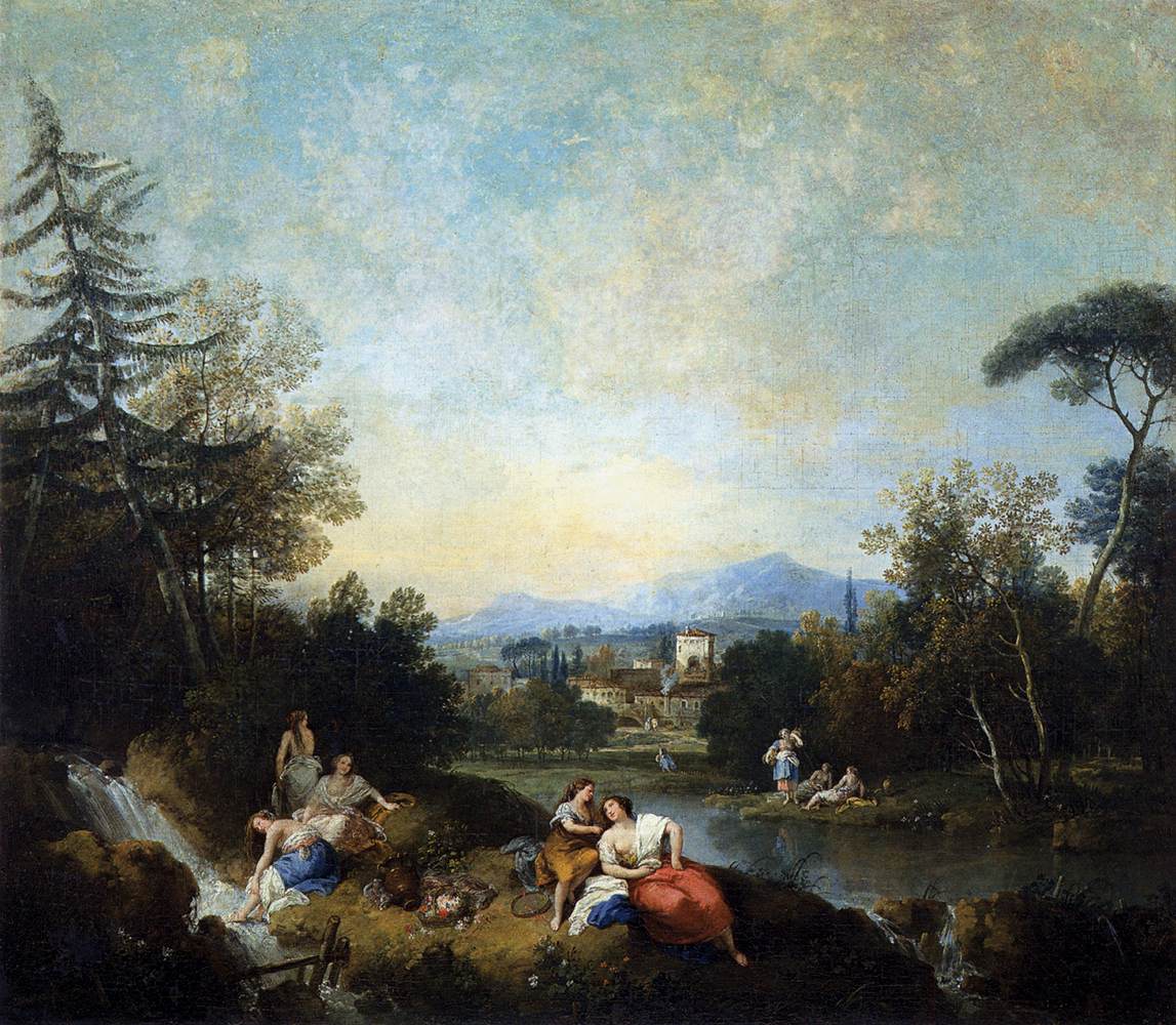 Landscape with Girls by  the River, vintage artwork by Francesco Zuccarelli, 12x8" (A4) Poster