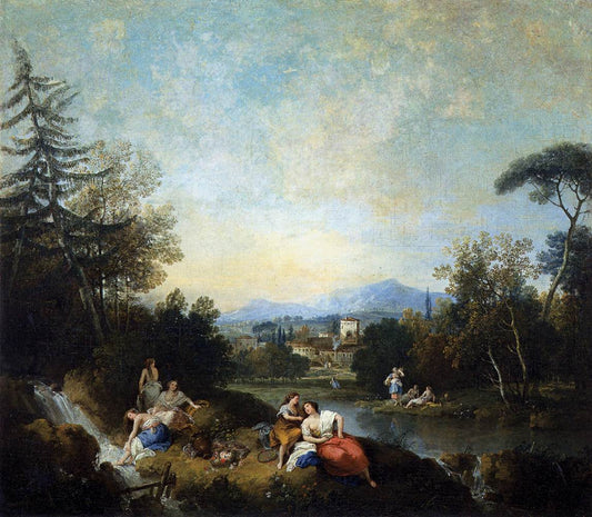 Landscape with Girls by  the River, vintage artwork by Francesco Zuccarelli, 12x8" (A4) Poster