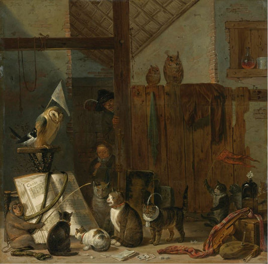 A concert of cats, owls, a magpie, and a monkey in a barn, vintage artwork by Cornelis Saftleven, 12x8" (A4) Poster