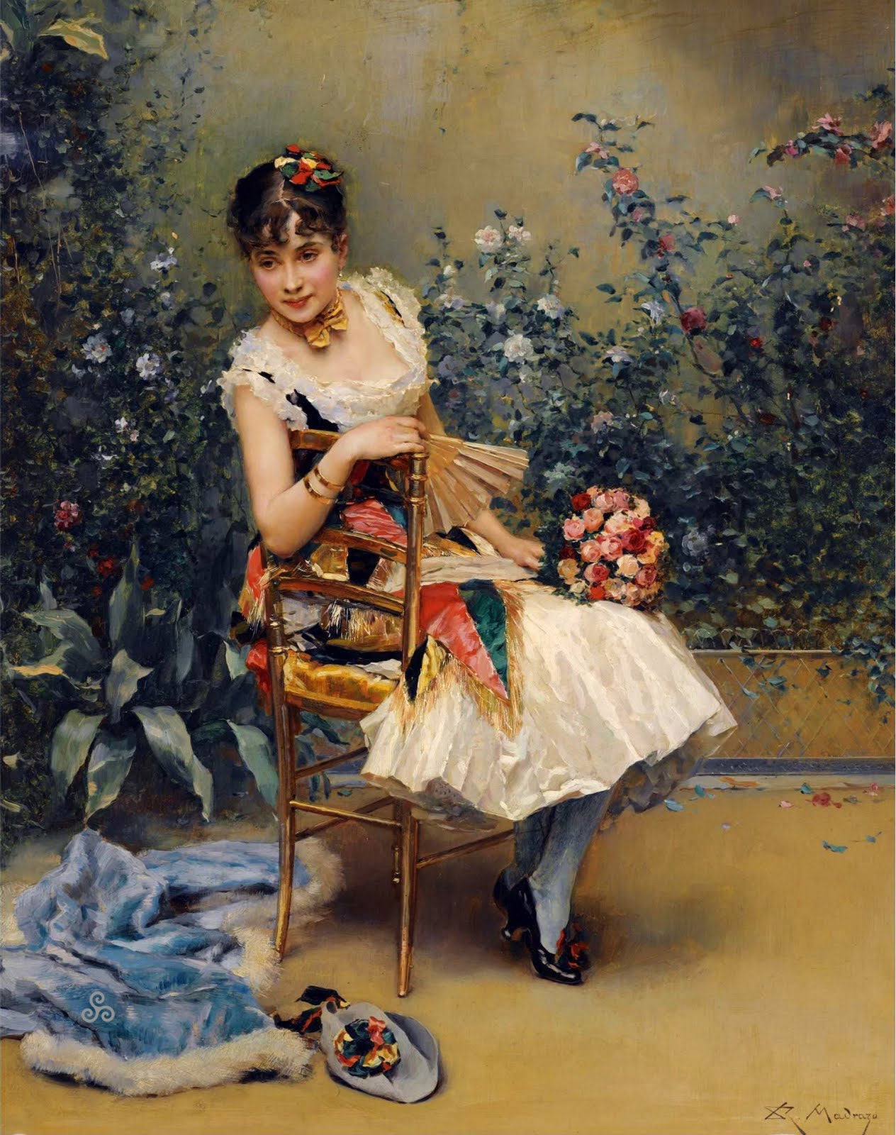 Aline with Flowers, vintage artwork by Raimundo de Madrazo y Garreta, 12x8" (A4) Poster
