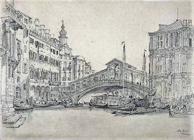 The Old Ducal Palace and Rialto Bridge, Venice, vintage artwork by Samuel Prout, A3 (16x12") Poster Print