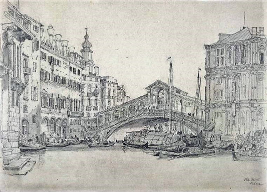The Old Ducal Palace and Rialto Bridge, Venice, vintage artwork by Samuel Prout, A3 (16x12") Poster Print