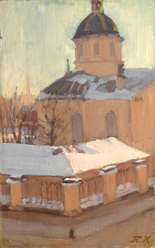 Church in Winter, vintage artwork by Boris Mikhailovich Kustodiev, 12x8" (A4) Poster