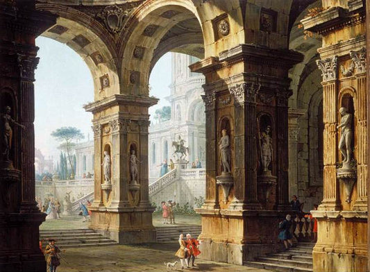 Capriccio with Elegant Figures, vintage artwork by Antonio Joli, 12x8" (A4) Poster