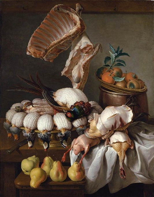 Still Life with Dressed Game, Meat, and Fruit, vintage artwork by François Desportes, 12x8" (A4) Poster