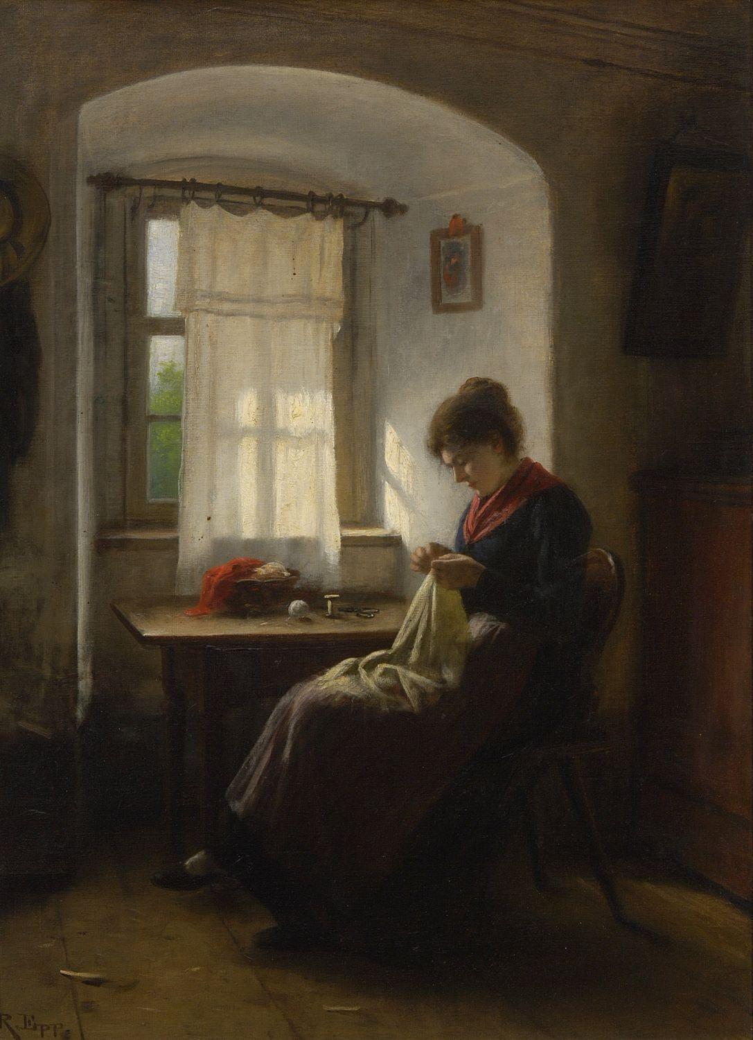 Young Woman Sewing at the Window, vintage artwork by Rudolf Epp, 12x8" (A4) Poster