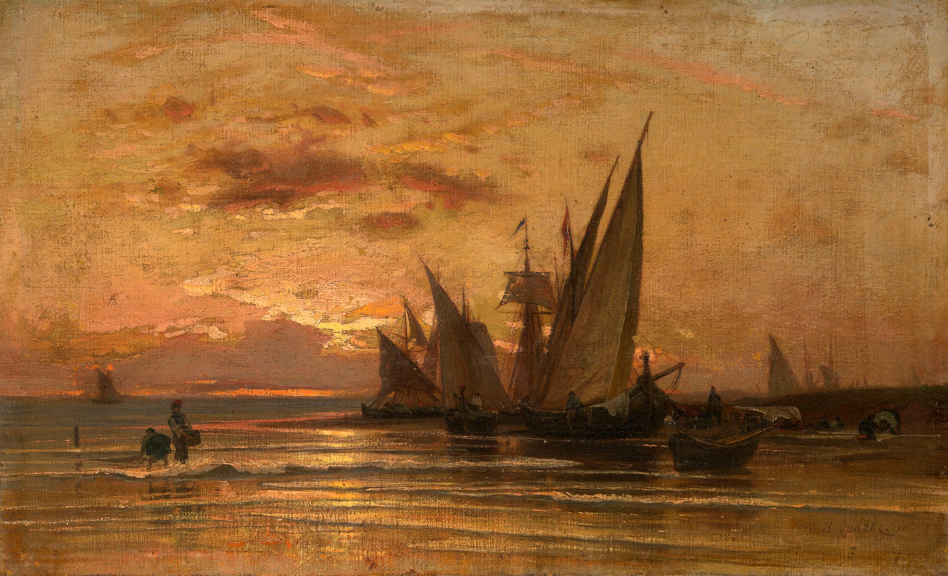 Fishing Boats at Sunrise, vintage artwork by Vladimir Orlovsky, 12x8" (A4) Poster