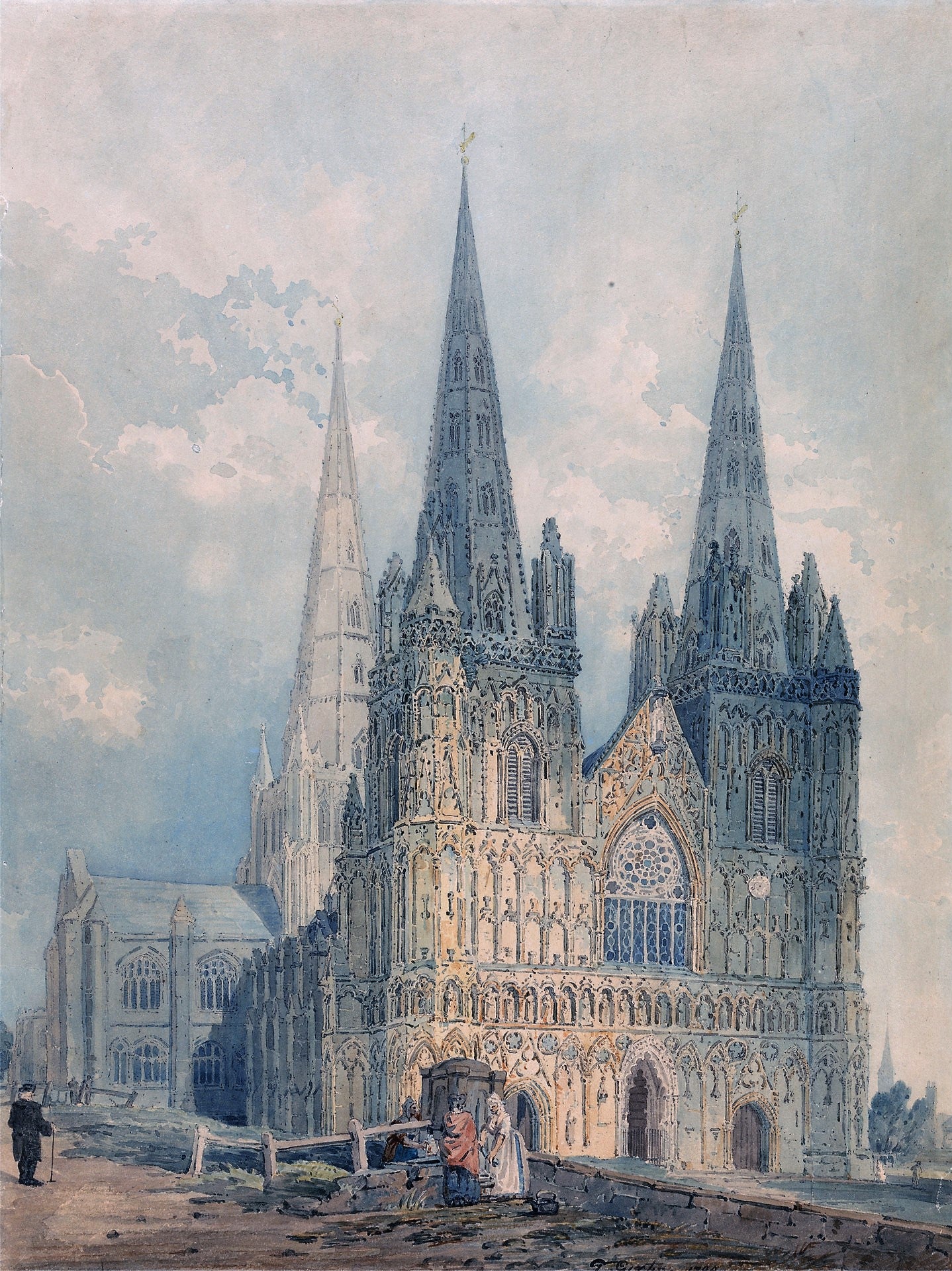 Lichfield Cathedral, Staffordshire, vintage artwork by Thomas Girtin, 12x8" (A4) Poster