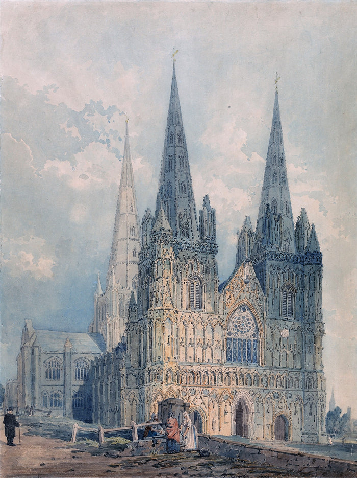 Lichfield Cathedral, Staffordshire, vintage artwork by Thomas Girtin, 12x8