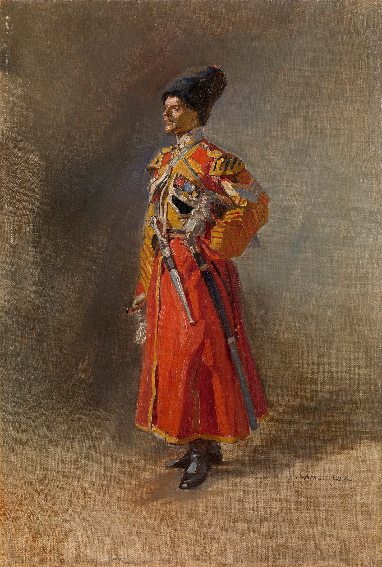 Portrait of a Cossack Officer by Nikolai Samokish,A3(16x12")Poster