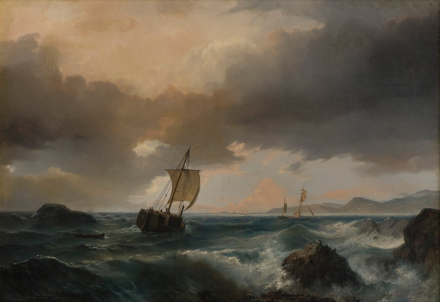 Seascape with sailing ships and sea birds, vintage artwork by Johan Jacob Bennetter, A3 (16x12") Poster Print