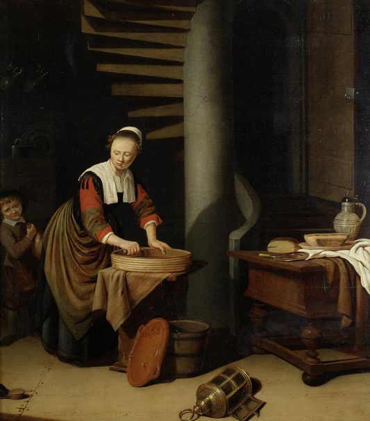 A kitchenmaid ironing, vintage artwork by Adriaen van Gaesbeeck, 12x8" (A4) Poster