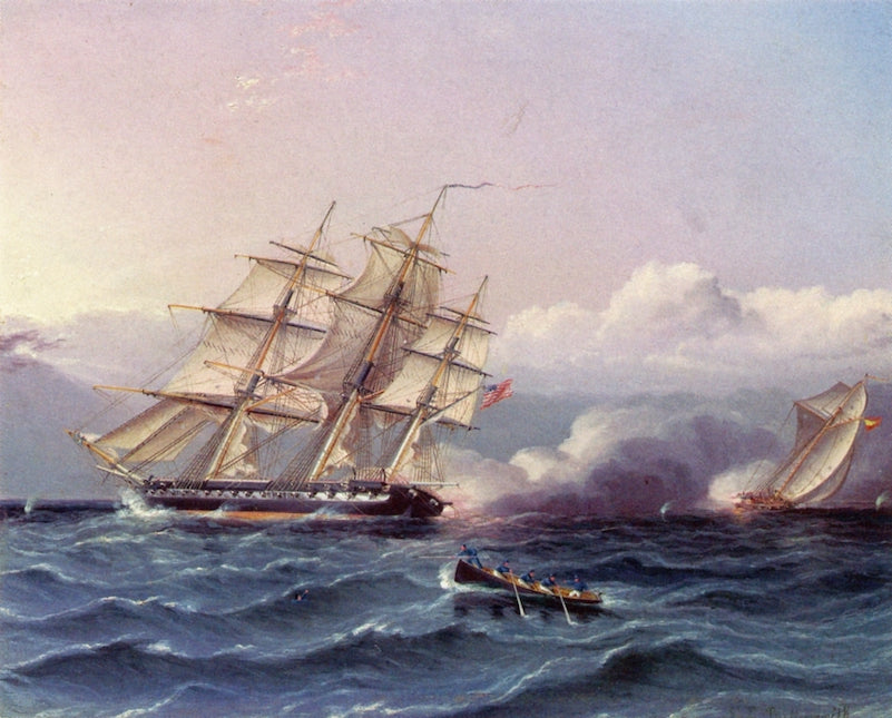 Engagement at Sea - A Naval Incident between an American Frigate and a Spanish Cutter, vintage artwork by James E. Buttersworth, A3 (16x12") Poster Print