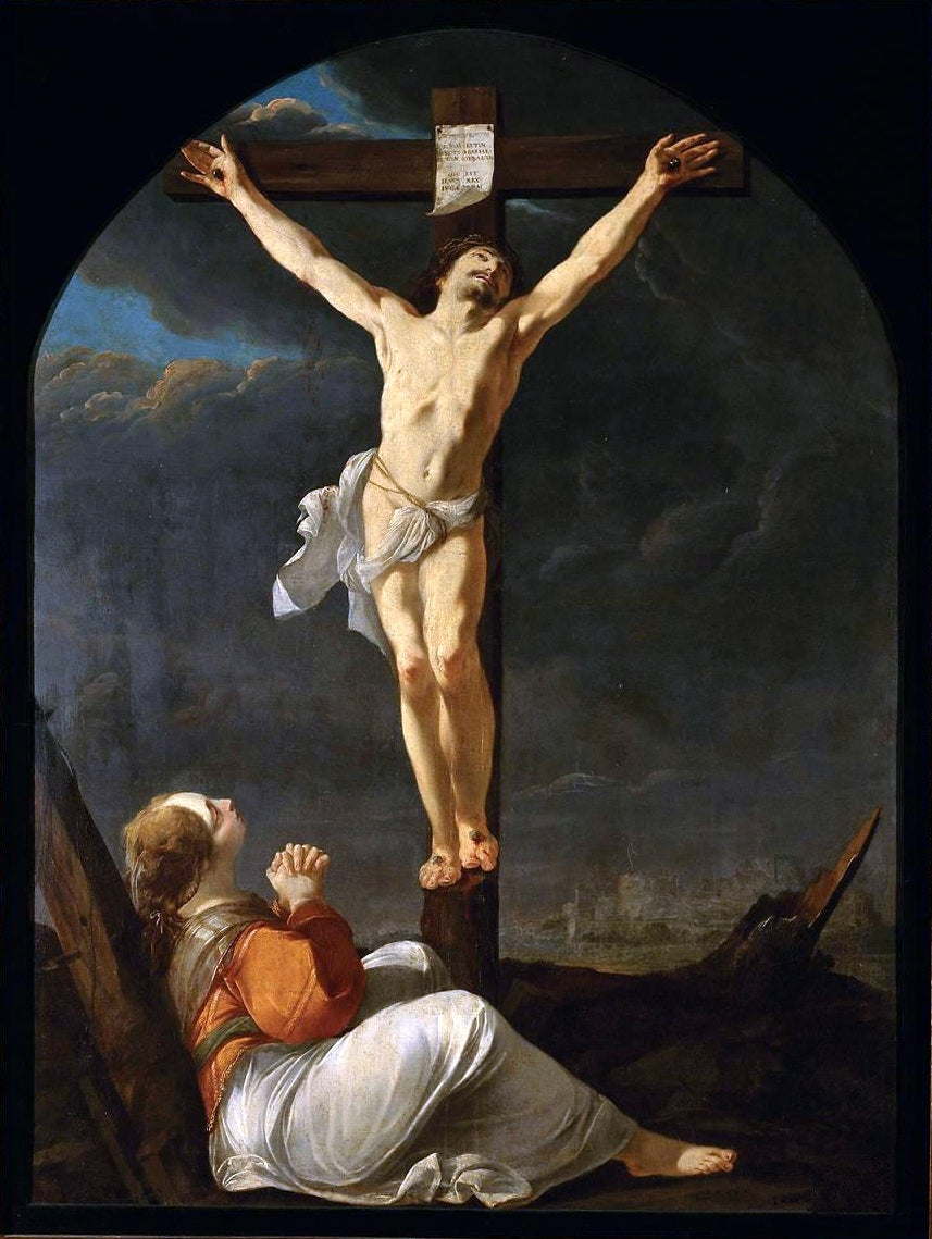 Crucifixion with Magdalene, vintage artwork by Laurent de La Hyre, 12x8" (A4) Poster