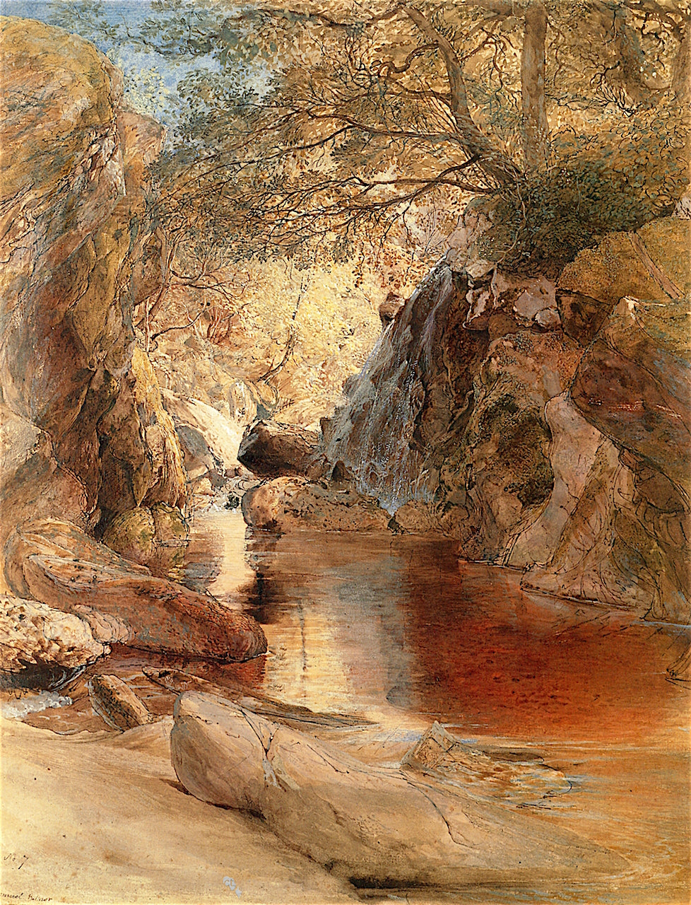 A Cascade in Shadow, Drawn on the Spot, near the Junction of the Machno and Conway, North Wales, vintage artwork by Samuel Palmer, A3 (16x12") Poster Print