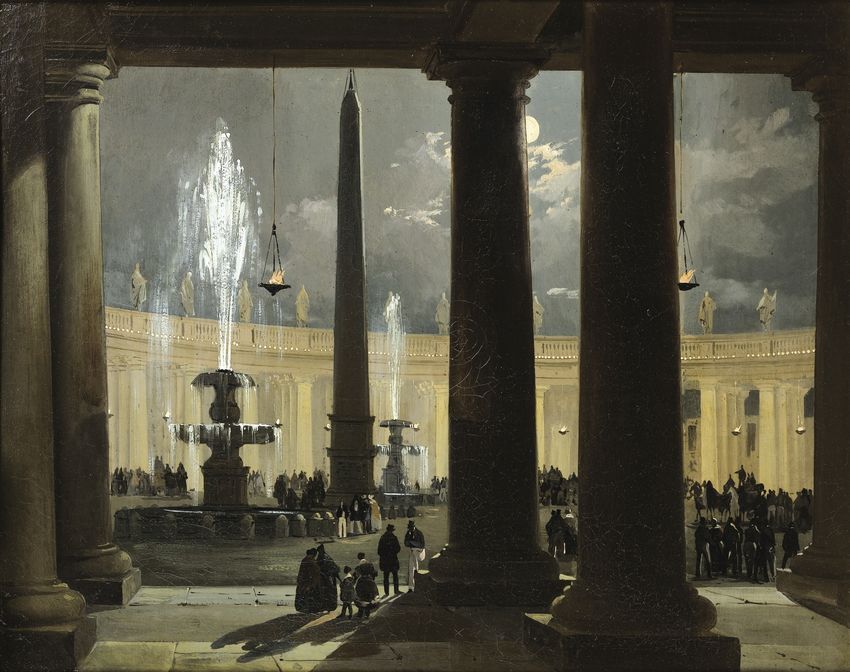 St. Peter's Square in Rome at Moonlight, vintage artwork by Ippolito Caffi, A3 (16x12") Poster Print
