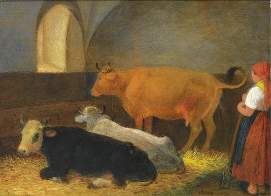 A Maid in a Cow Barn, vintage artwork by Johann Michael Neder, A3 (16x12") Poster Print