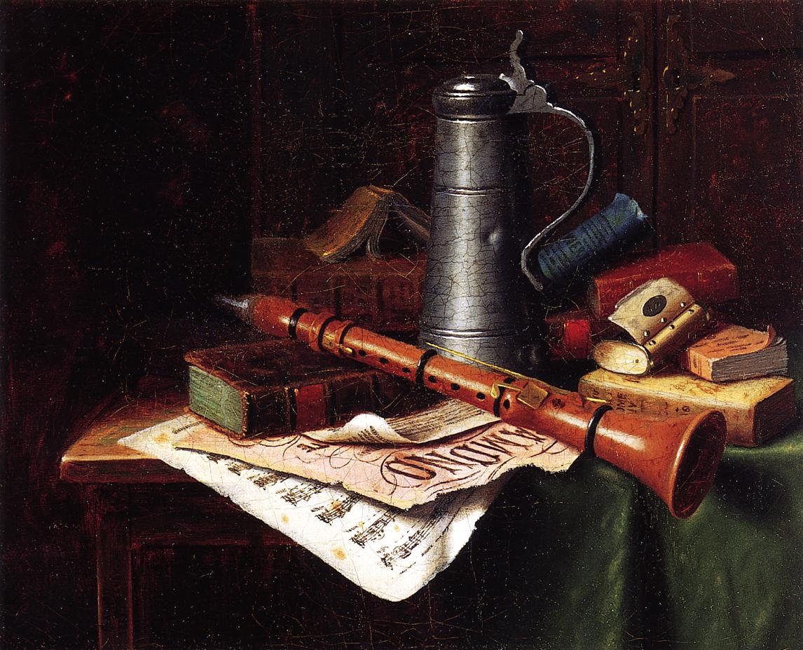 Still Life with Clarinet, vintage artwork by William Michael Harnett, 12x8" (A4) Poster