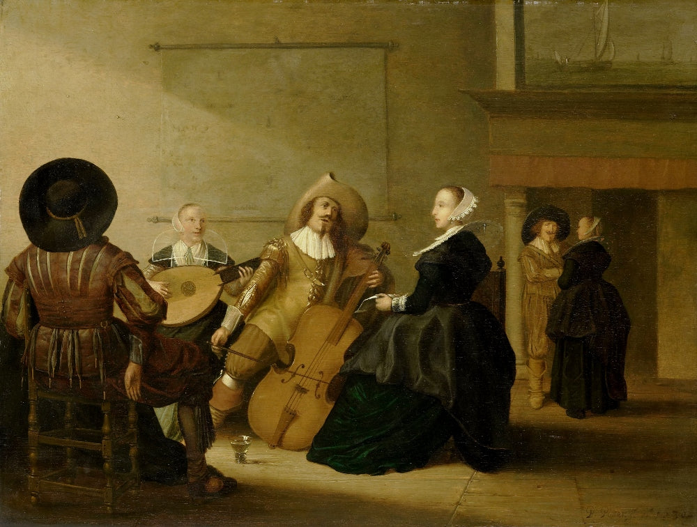 Interiorscene with people playing musical instruments, vintage artwork by Pieter Symonsz Potter, 12x8" (A4) Poster